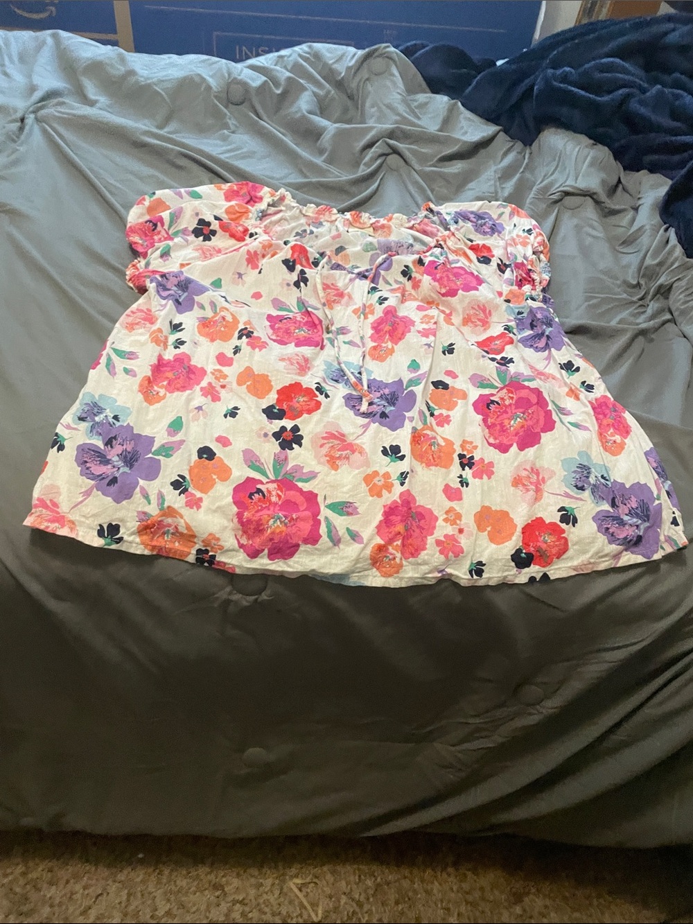 St. John's Bay White Off-Shoulder Top with Pink, Purple & Orange Floral Print